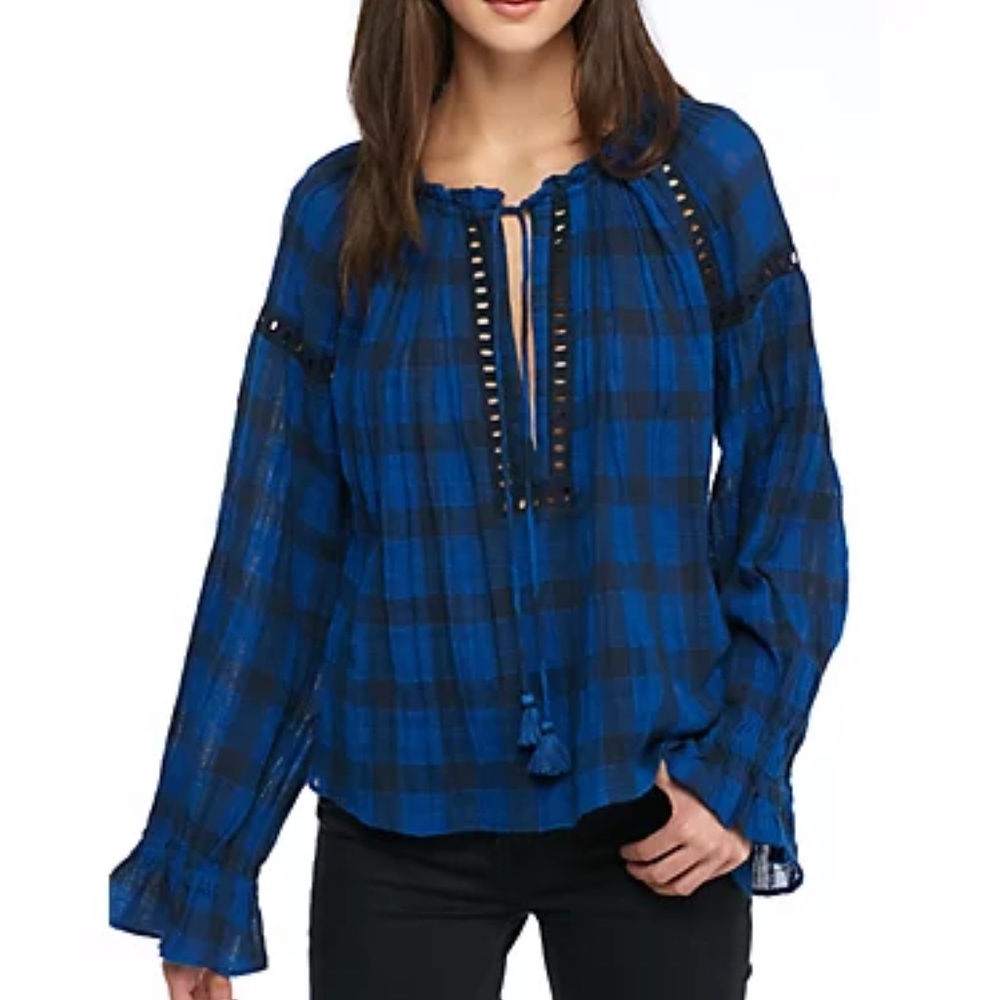 Free People Honey Grove Blue & Black Buffalo Plaid Blouse Top Size Medium